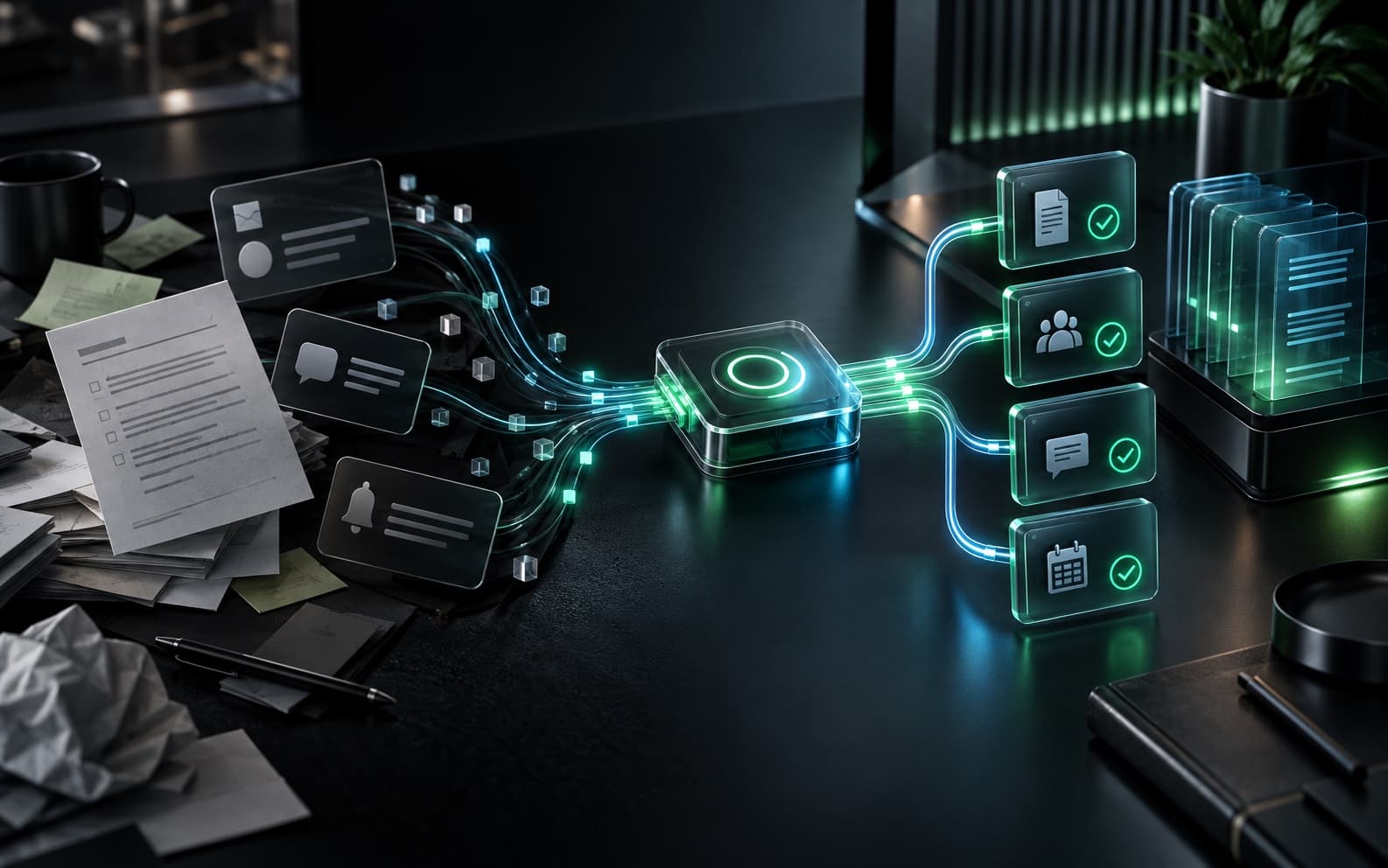 Scattered manual tasks converging through one connected system into completed work