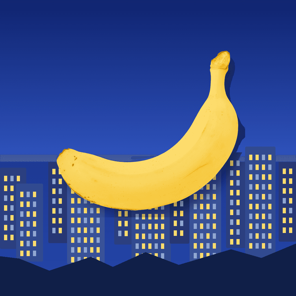 A giant banana above the Banana Toss city skyline