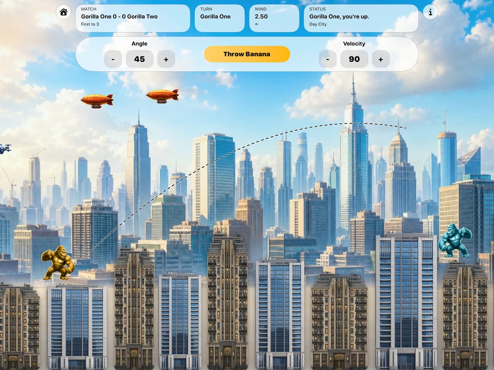 Gorillas battling across a bright modern city skyline in Banana Toss.