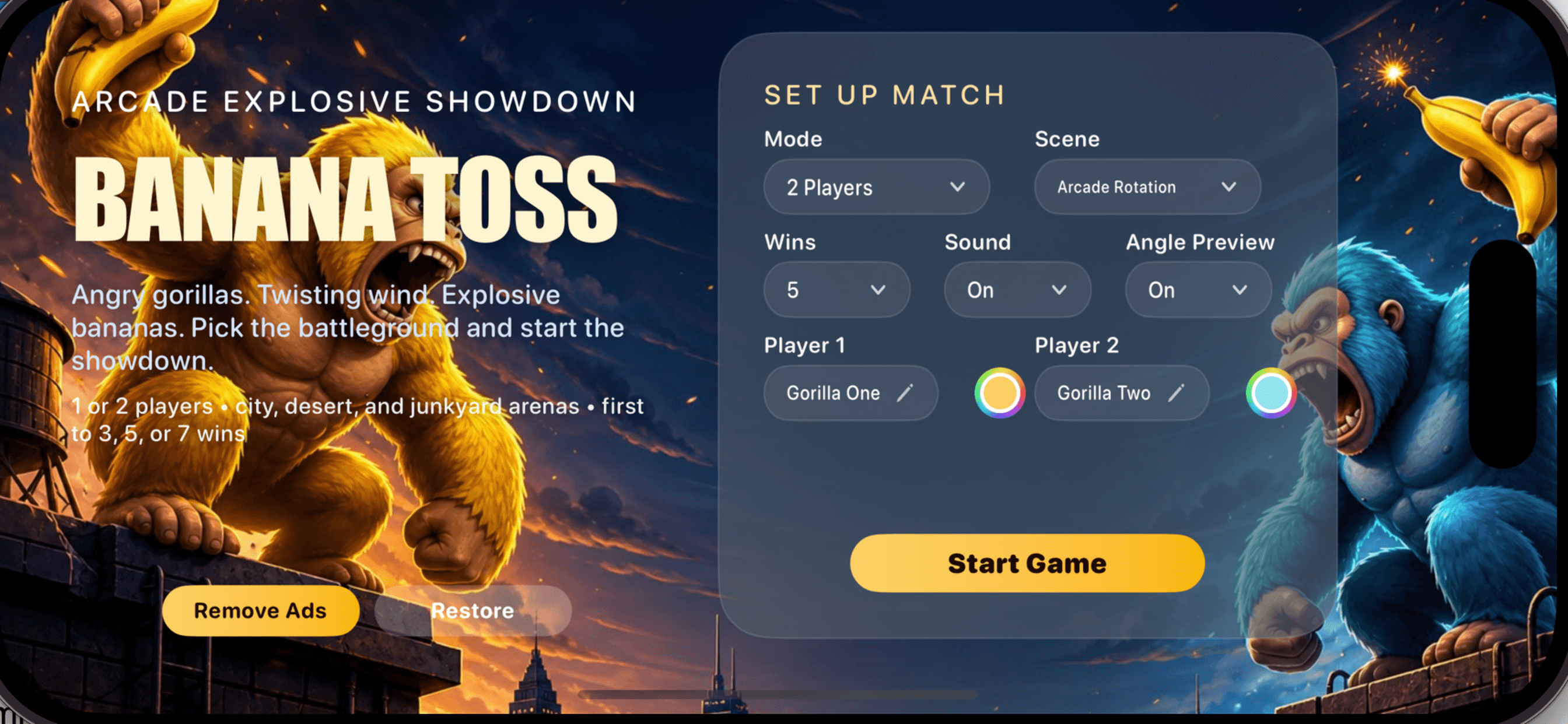Banana Toss title screen above a nighttime city skyline