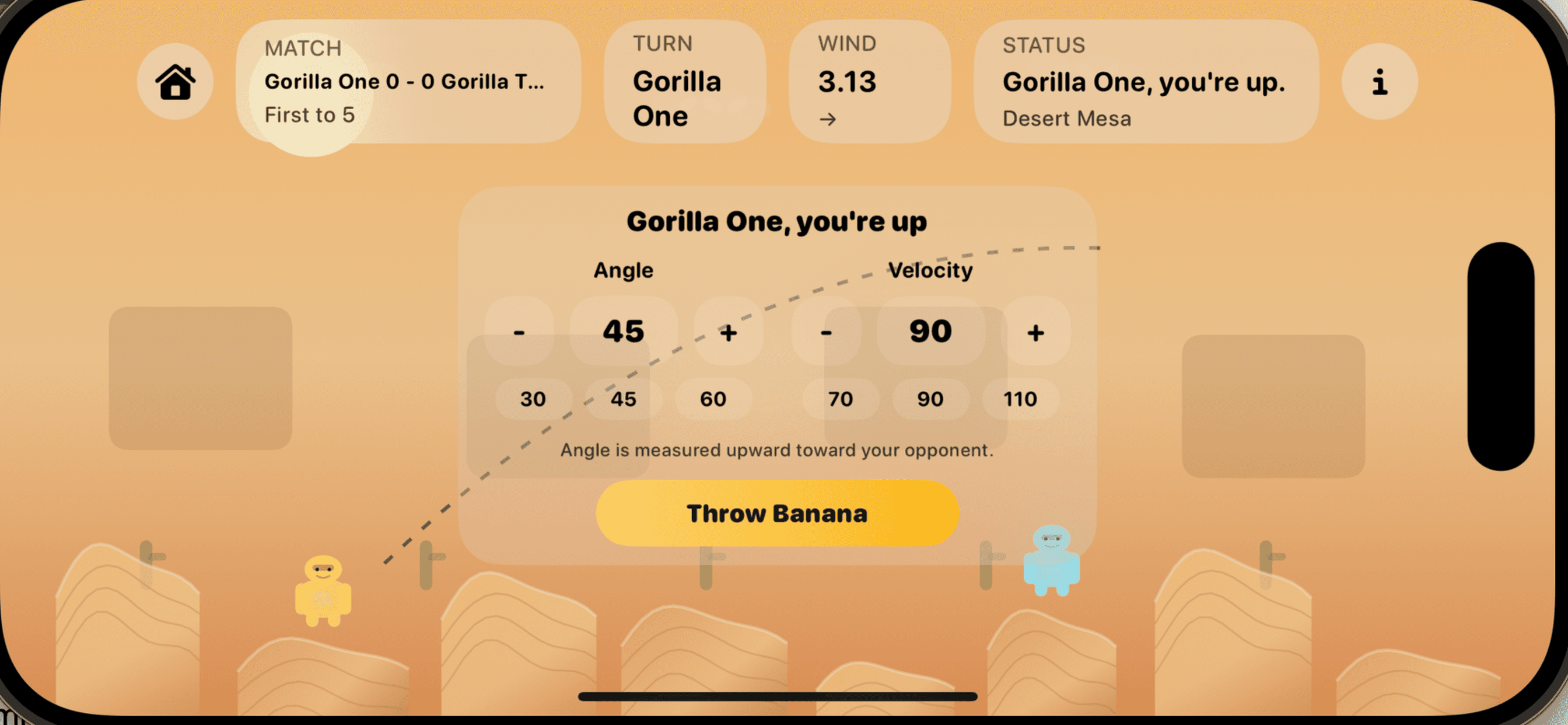 Setting angle and velocity in the desert arena