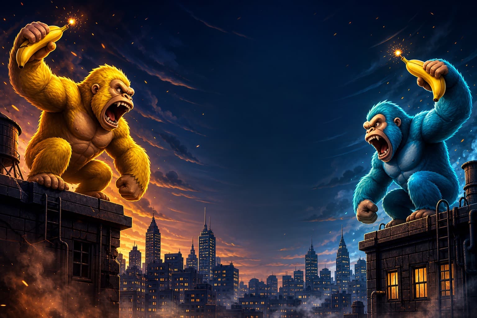 Yellow and blue gorillas face off with explosive bananas above a city skyline.