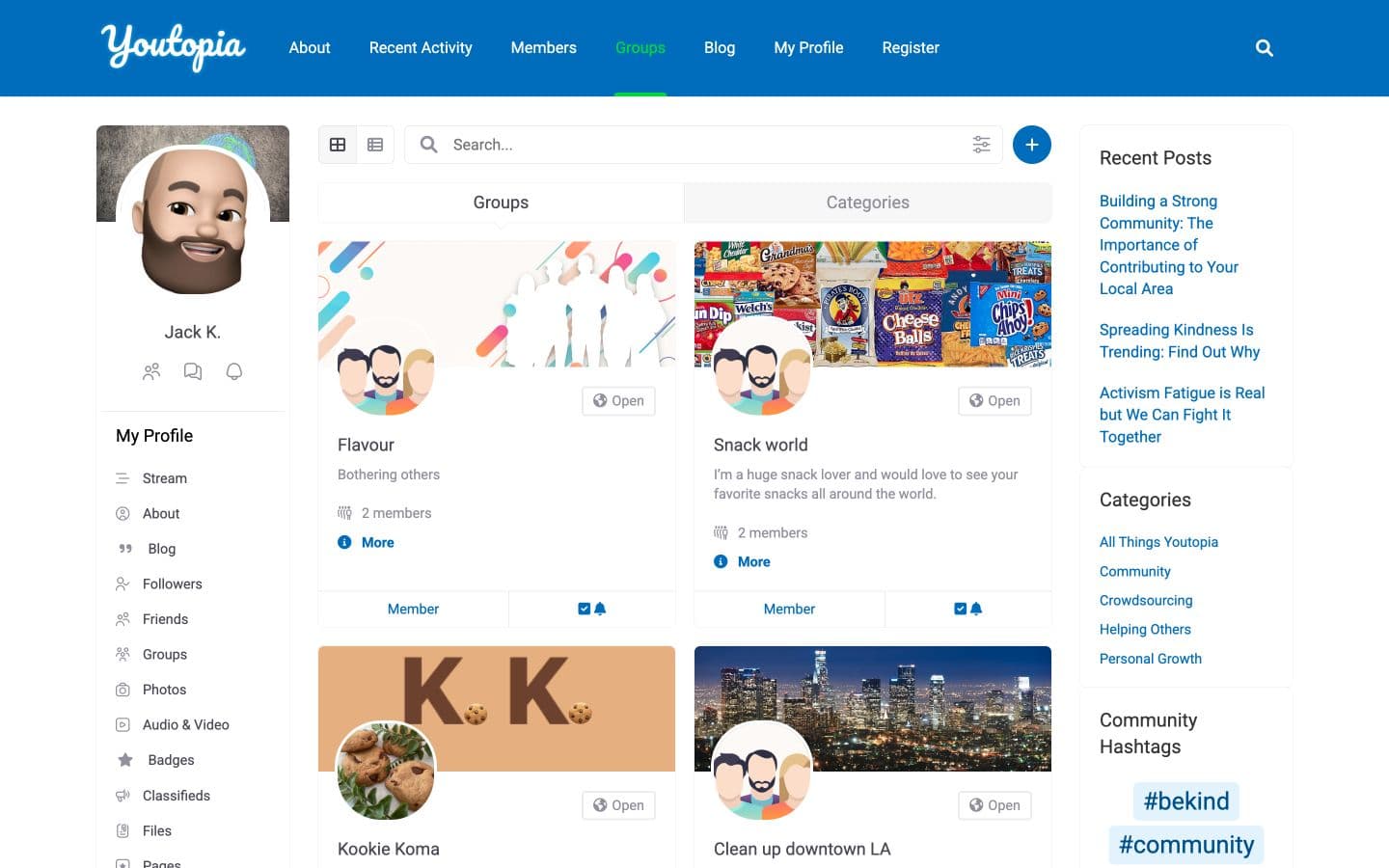 Legacy Youtopia Groups directory showing plugin-based community cards and surrounding navigation
