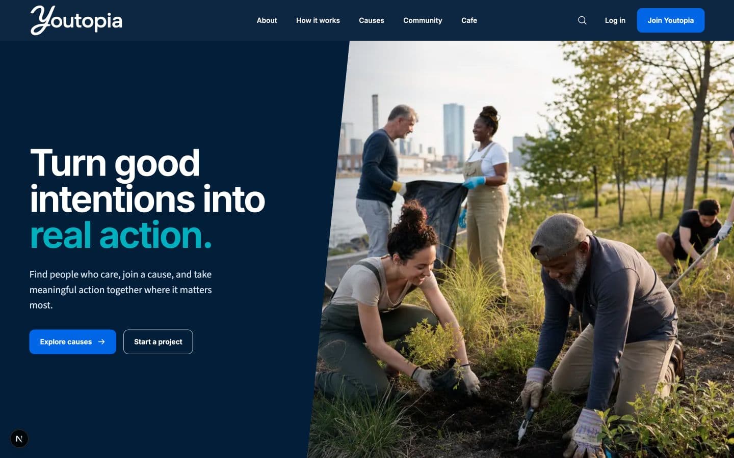 Replacement Youtopia homepage inviting people to turn good intentions into real action