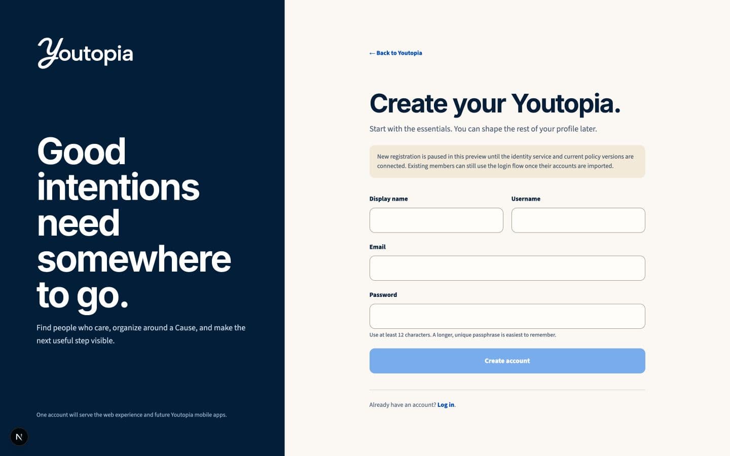 Pre-launch Youtopia registration experience with a focused form and modern brand system